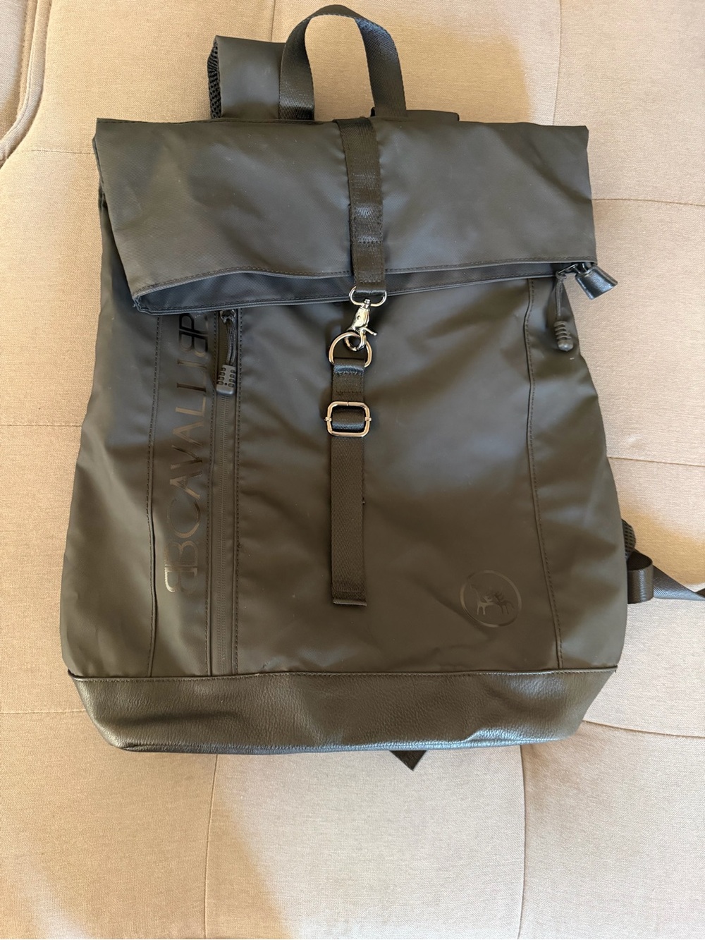 Black Roll-Top Men's Backpack with Front Buckle